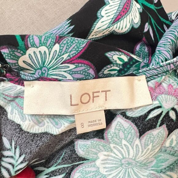 Loft Long Puff Sleeve Front Slit Floral V-Neck Midi Dress Size 8 - Picture 8 of 10